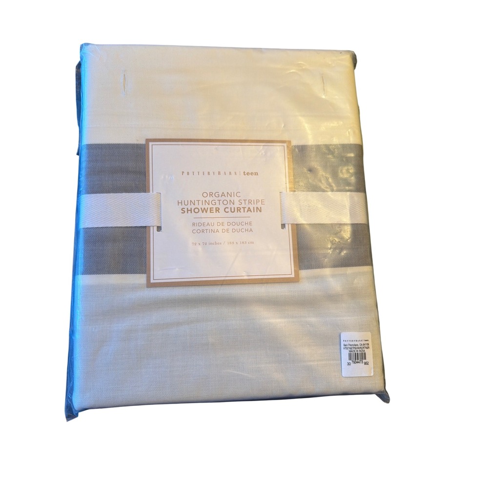 Pottery Barn Teen Shower Curtain White Gray Huntington Stripe Organic 72x72